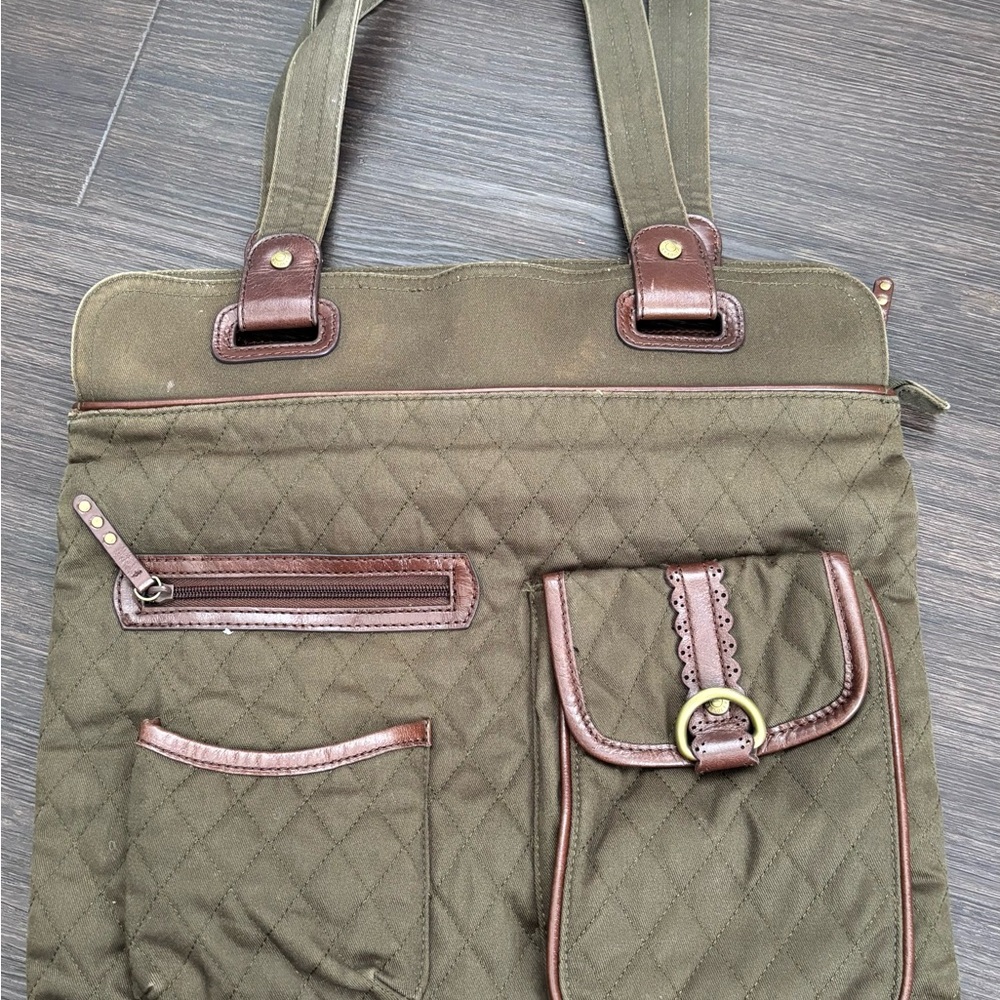 Vera Bradley Olive Quilted Tote with Leather Accents and Gold Hardware.